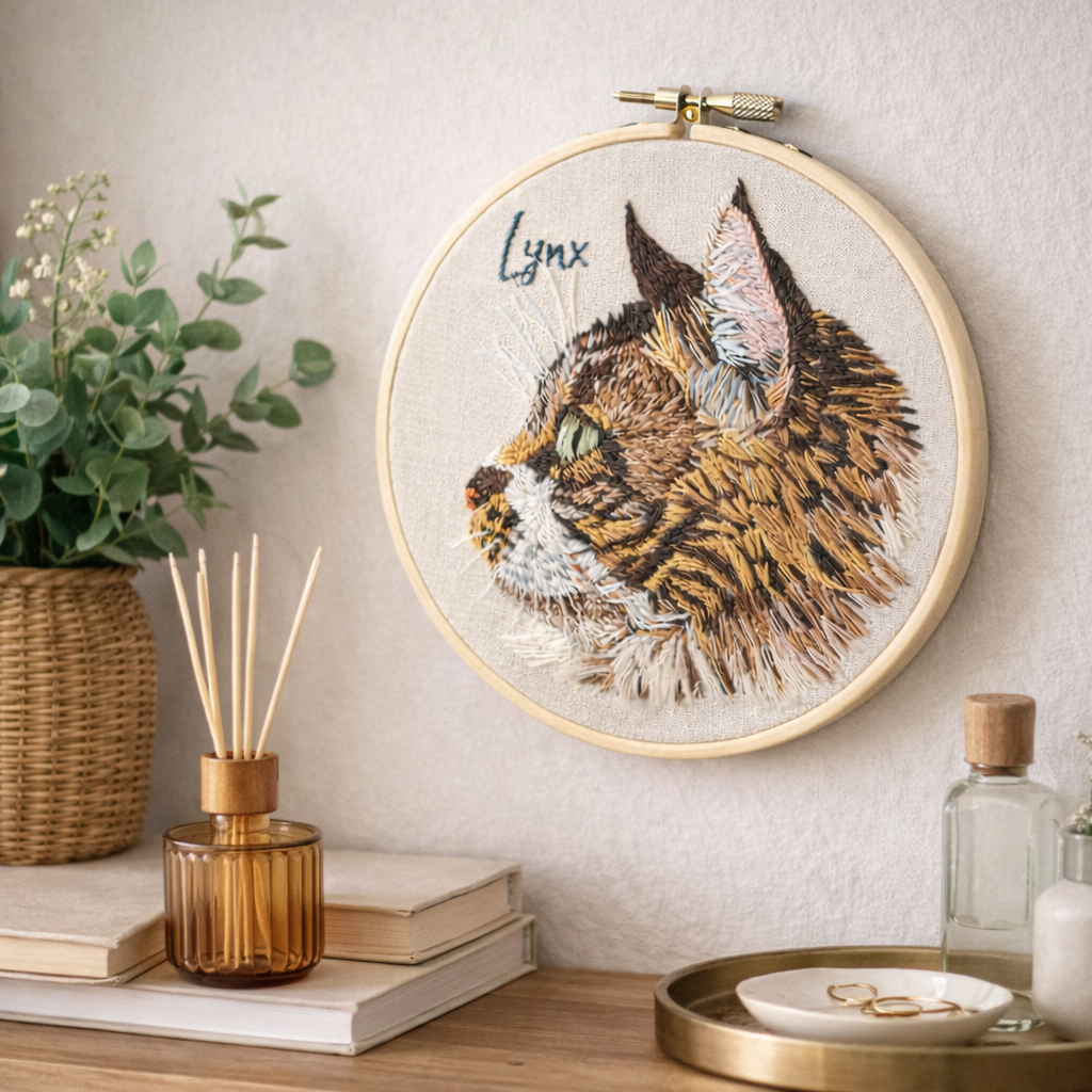 Lynxの刺繍作品を飾った様子